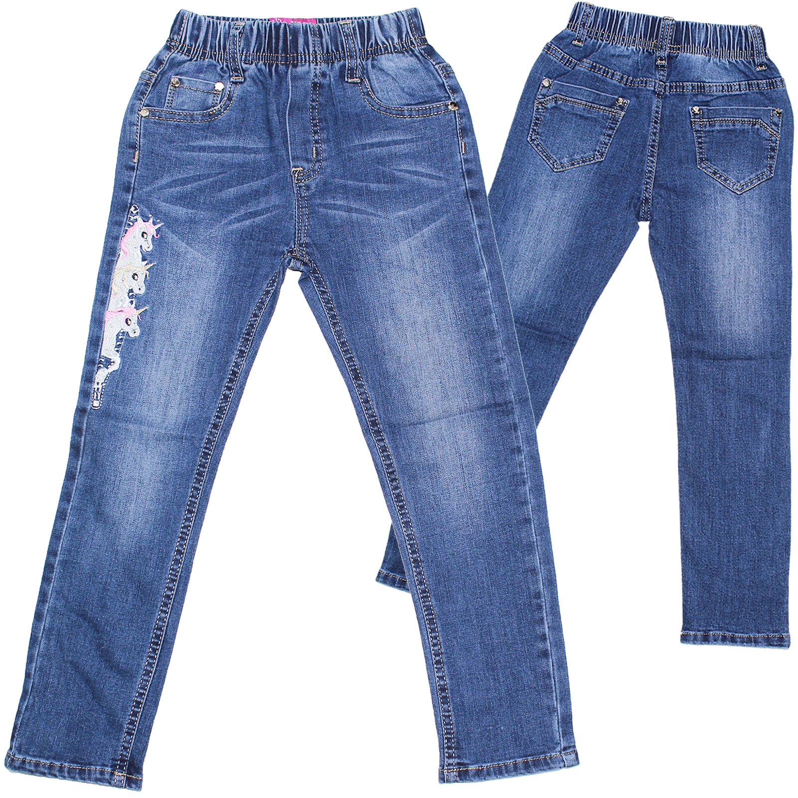 Sotala Mädchen Kinderhose Kinderjeans Jeans Hose elastischer Bund Blau Einhorn Motiv